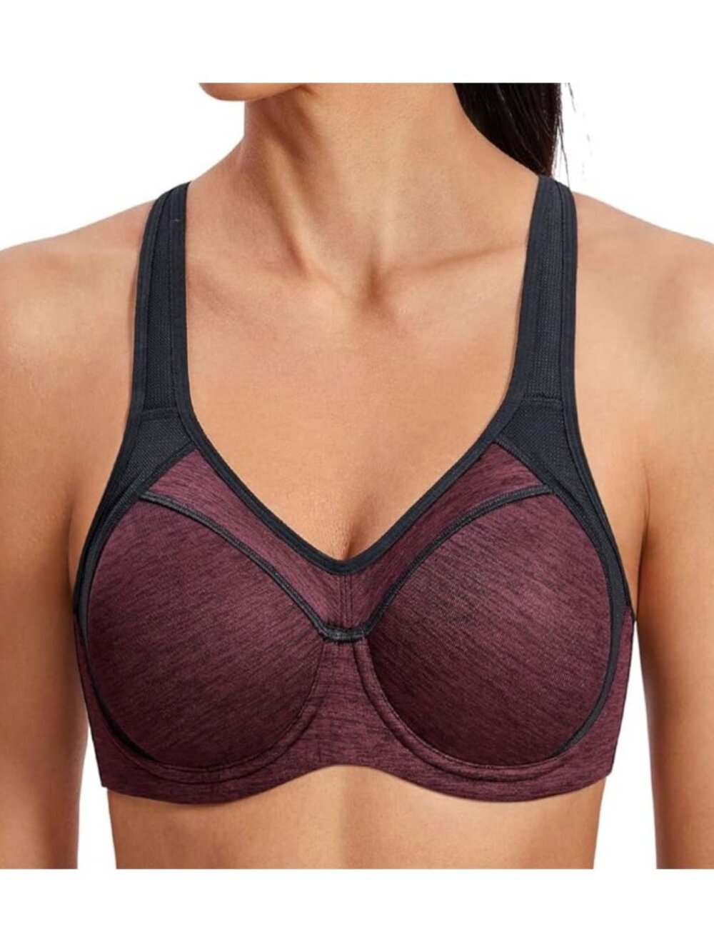 SYROKAN Women Dark Red Flower High Impact Racerback Underwire Sports Bra Size 34